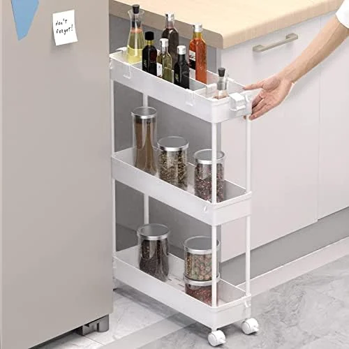 SPACELEAD Slim Storage Cart 3 Tier, Bathroom Organizer Rolling Utility, Mobile Shelving Unit Slide Out for Office, Kitchen, Laundry Room & Narrow