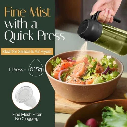 YARRAMATE 16oz/470ml Light-Blocking Dark Oil Sprayer for Cooking, 2 in 1 Olive Oil Dispenser Bottle for Kitchen, Premium Dark Green Glass Oil Bottle