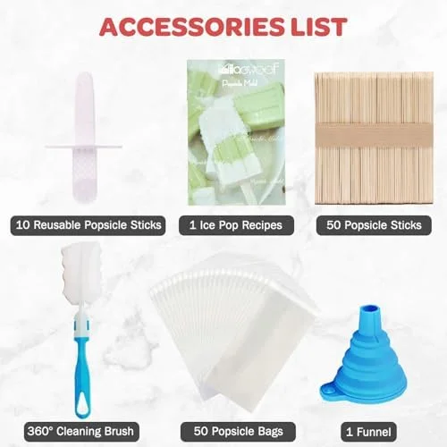 Miaowoof Homemade Popsicle Molds, 10-Cav Non-BPA Silicone Ice Pop Maker, with 50 Sticks, 50 Bags, 10 Reusable Sticks, Funnel, Brush and Ice Pop