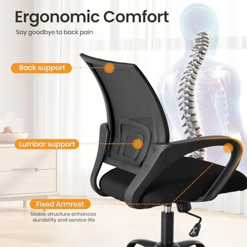 OLIXIS Office Desk Chair - Ergonomic Mid Back with Lumbar Support & Rocking Mode - Height Adjustable with Fixed Armrest, Storage Back for Computer