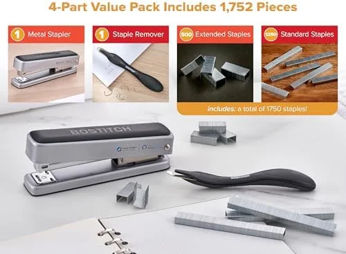 Bostitch Titan Heavy Duty Metal Stapler, 50 Sheet Capacity with 1250 Staples and Ergonomic Staple Remover, Jam Free Stapling, Full Strip Stapler for