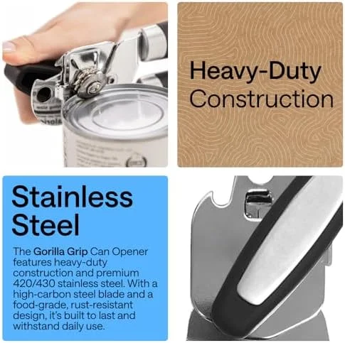 GORILLA GRIP Heavy Duty Stainless Steel Smooth Edge Manual Can Opener and Bottle Openers, US Designed, Comfortable Handle, Oversized Handheld Turn