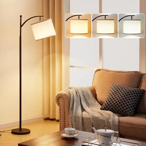 Ambimall Tall Floor Lamps with 3 Color Temperatures Bulb & Adjustable Linen Shade, for Living Room, Bedroom, Office, Classroom, Dorm Room (9W Bulb