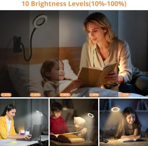 Woputne Desk Lamp Clip Light - 10 Dimmable Brightness 3 Light Modes Reading Light, Clamp Bedside Lamp for Painting, Craft, Study (Black)