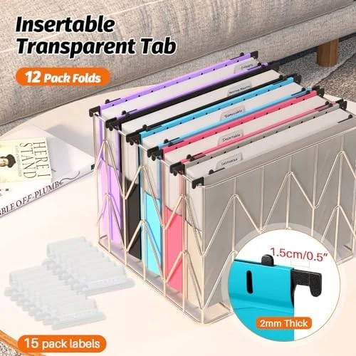 Extra Capacity Plastic Hanging File Folders, 12 Pack Reinforced Expanding Hang Folder Letter Size, Accordian Pocket, Heavy Duty 2 Inch Expansion