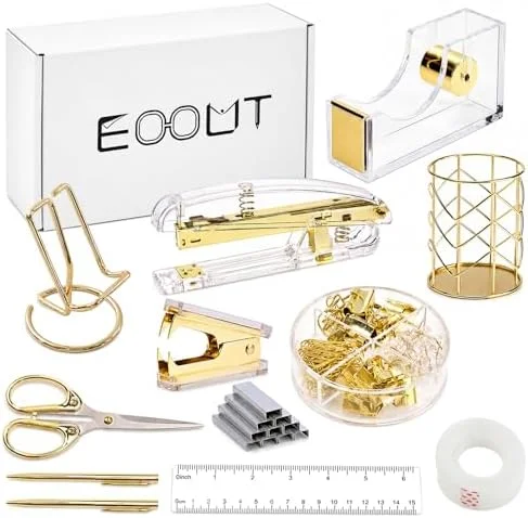 EOOUT Gold Office Supplies Set Desk Accessories, Acrylic Stapler Set Staple Remover, Phone Holder, Tape Holder, Pen Holder, 2 Ballpoint Pen, Scissor