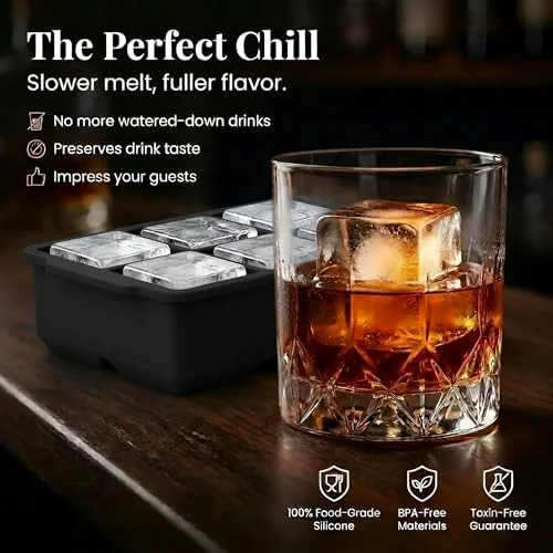 KitchFort Large Silicone Ice Cube Tray (2-Pack), Easy Release 2" Big Ice Cubes - Cocktail, Whiskey Ice Cubes Mold - Ice Trays for Freezer with Lid