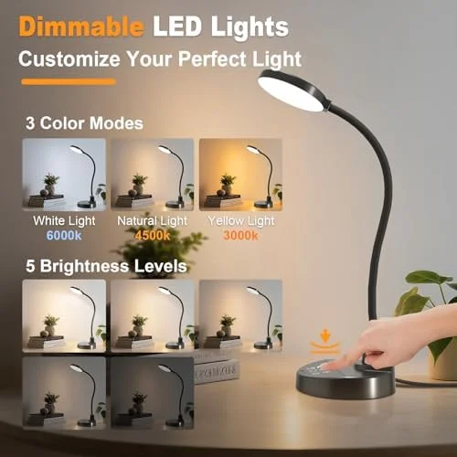 15W LED Desk Lamp with USB Charging Ports – Dimmable Table Lamp with 3 Color Temps - 5 Brightness, 4 Timers, Flexible Gooseneck Light with Base