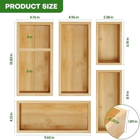 Bamboo Drawer Organizer Set - 5 PCS Multi-Use Individual Wood Storage Organizers, Junk Drawer Divider and Storage Trays Containers for Kitchen