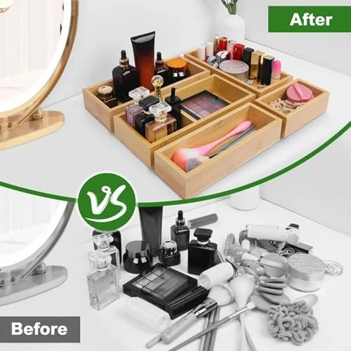 Bamboo Drawer Organizer Set - 5 PCS Multi-Use Individual Wood Storage Organizers, Junk Drawer Divider and Storage Trays Containers for Kitchen