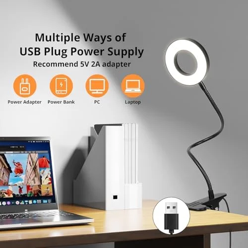 Woputne Desk Lamp Clip Light - 10 Dimmable Brightness 3 Light Modes Reading Light, Clamp Bedside Lamp for Painting, Craft, Study (Black)