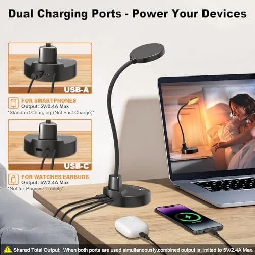 15W LED Desk Lamp with USB Charging Ports – Dimmable Table Lamp with 3 Color Temps - 5 Brightness, 4 Timers, Flexible Gooseneck Light with Base