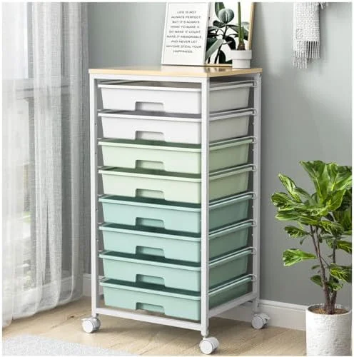 Rolling Storage Utility Cart Organizers with 8 Drawers and Wooden Tabletop for Living Room, Office, Classroom, Craft Room, Bedroom, Dorm, Green