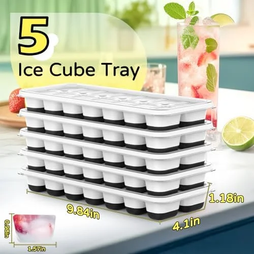 Ice Cube Tray 5 Pack - Stackable Silicone Ice Cube Trays with Lid– Easy Release Reusable Ice Tray, BPA-Free Rectangular Ice Cube Mold Set for
