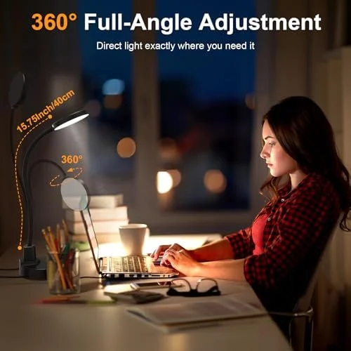 15W LED Desk Lamp with USB Charging Ports – Dimmable Table Lamp with 3 Color Temps - 5 Brightness, 4 Timers, Flexible Gooseneck Light with Base