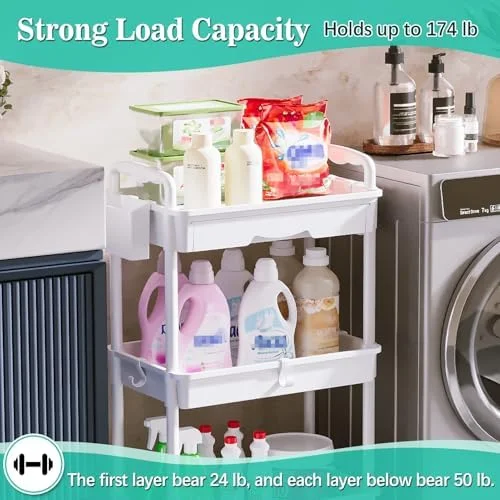 SUNALLY 3 Tier Rolling Cart with Drawer, Bathroom Storage Organizer with 2 Lockable Wheels, Multifunctional Rolling Storage Cart for Bathroom