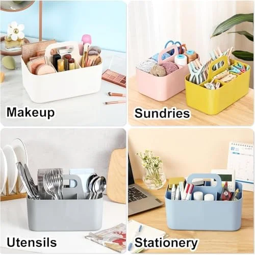 Multiuse Caddy Organizer with Handle - Portable Divided Plastic Tote Bin - Art Craft, Stationary Pen Marker Crayons, Makeup Hair Supplies Storage