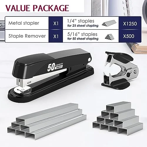 Metal Stapler Heavy Duty 50 Sheet Capacity with 1750 Staples and Staple Remover - Full Strip Staplers for Desk, No Jam, Non-Slip for Office &