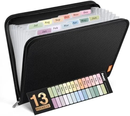Sooez 13 Pocket Accordion File Organizer - Zipper Expanding File Folder Organizer, Reinforced Plastic Accordion Folder, A4 Letter Size, Portable