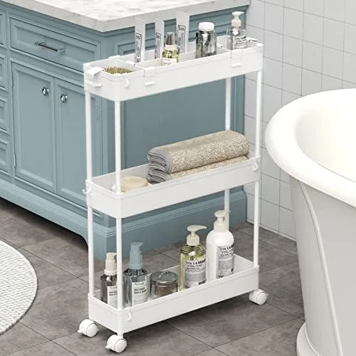 SPACELEAD Slim Storage Cart 3 Tier, Bathroom Organizer Rolling Utility, Mobile Shelving Unit Slide Out for Office, Kitchen, Laundry Room & Narrow