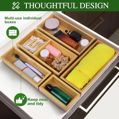 Bamboo Drawer Organizer Set - 5 PCS Multi-Use Individual Wood Storage Organizers, Junk Drawer Divider and Storage Trays Containers for Kitchen