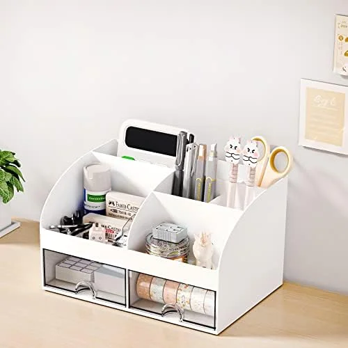COMFYROOM Desk Organizer with 6 Compartments and 2 Drawers, Plastic Makeup Organizer, Pen Holder for Desktop Storage, Desk Organization for School