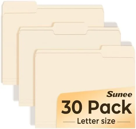 SUNEE File Folders - 30 Pack Manilla Folders 8.5 x 11, 1/3 Cut Tab for Easy Labeling and Organization, Durable Standard Paper for Home, Office, School