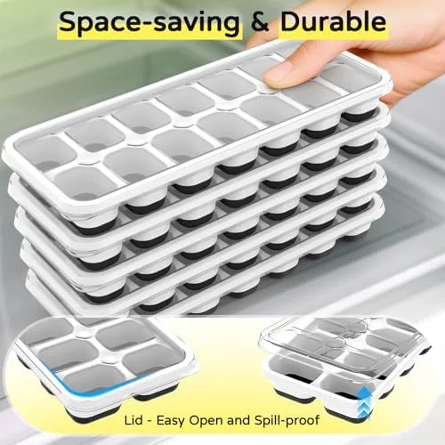 Ice Cube Tray 5 Pack - Stackable Silicone Ice Cube Trays with Lid– Easy Release Reusable Ice Tray, BPA-Free Rectangular Ice Cube Mold Set for