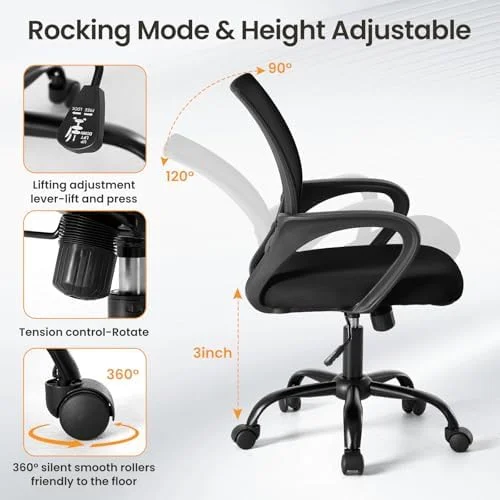 OLIXIS Office Desk Chair - Ergonomic Mid Back with Lumbar Support & Rocking Mode - Height Adjustable with Fixed Armrest, Storage Back for Computer