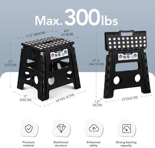 Delxo Folding Step Stool - 13 inch Non-Slip Foldable Stools Up to 300 LBS, Step Stool with Handle, Lightweight for Kitchen, Bathroom, Bedroom, Garden