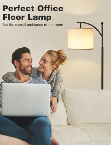 Ambimall Tall Floor Lamps with 3 Color Temperatures Bulb & Adjustable Linen Shade, for Living Room, Bedroom, Office, Classroom, Dorm Room (9W Bulb