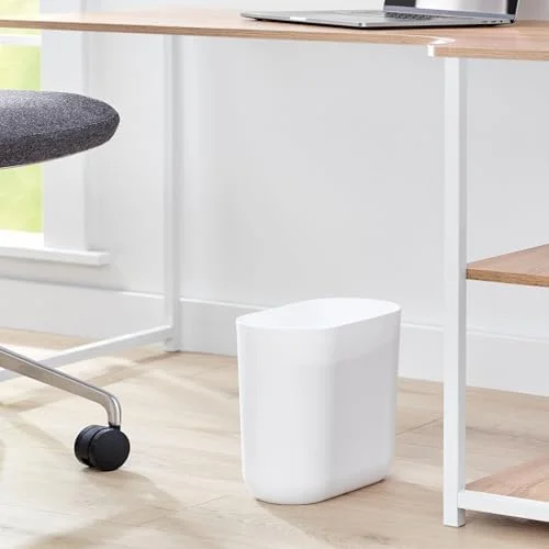 iDesign Small Slim Plastic Bathroom Trash Can - Garbage Can for Bedroom, Office, Desk, Dorm, White