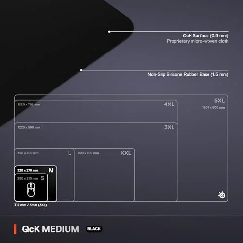 SteelSeries QcK Medium Gaming Mousepad — Black — Non-Slip Silicone Rubber Base — Peak Tracking and Stability — Optimized for Gaming Sensors — 320 mm