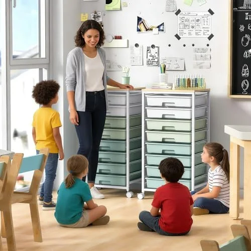 Rolling Storage Utility Cart Organizers with 8 Drawers and Wooden Tabletop for Living Room, Office, Classroom, Craft Room, Bedroom, Dorm, Green