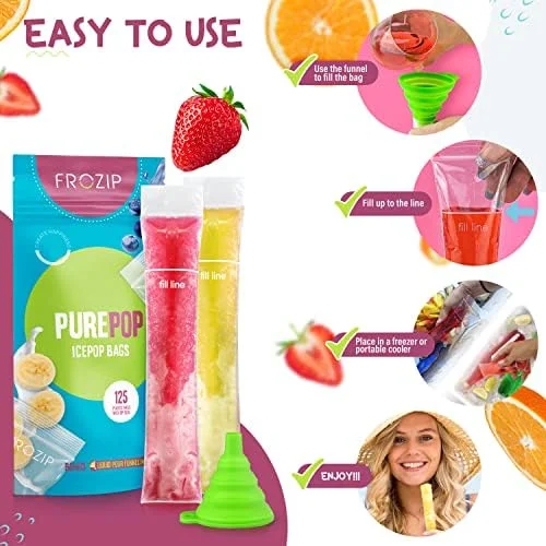 Frozip 125 Disposable Ice Popsicle Mold Bags| BPA Free Freezer Tubes With Zip Seals, For Healthy Snacks, Yogurt Sticks, Juice & Fruit Smoothies, Ice