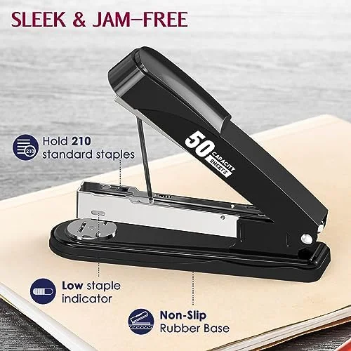Metal Stapler Heavy Duty 50 Sheet Capacity with 1750 Staples and Staple Remover - Full Strip Staplers for Desk, No Jam, Non-Slip for Office &