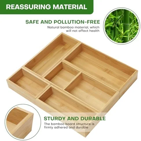 Bamboo Drawer Organizer Set - 5 PCS Multi-Use Individual Wood Storage Organizers, Junk Drawer Divider and Storage Trays Containers for Kitchen