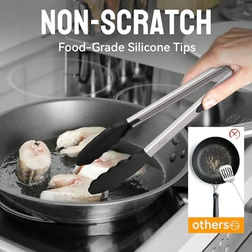 HOTEC Premium Stainless Steel Locking Kitchen Tongs with Silicon Tips - Set of 2-9" and 12"