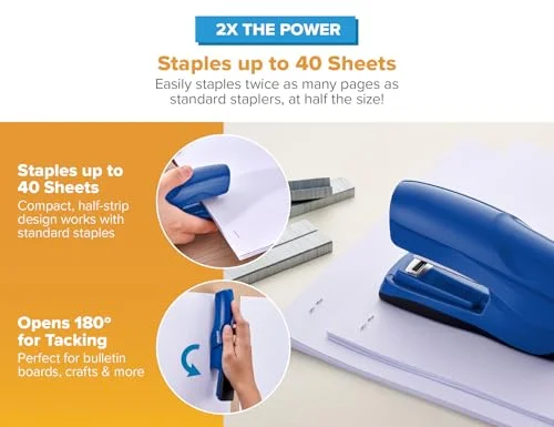 Bostitch Office Heavy Duty 40 Sheet Stapler with 1250 Staples & Claw Remover - Small Stapler Size, Fits into The Palm of Your Hand, Value Pack, Blue