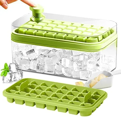 Ice Cube Tray with Lid and Bin, 2 Pack Ice Cube Trays for Freezer, 64 Pcs Ice Cube Mold, Press Button Easy Release Ice Tray, Small Ice Cubes Maker