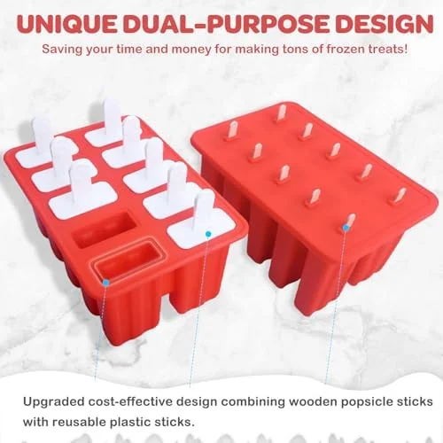 Miaowoof Homemade Popsicle Molds, 10-Cav Non-BPA Silicone Ice Pop Maker, with 50 Sticks, 50 Bags, 10 Reusable Sticks, Funnel, Brush and Ice Pop