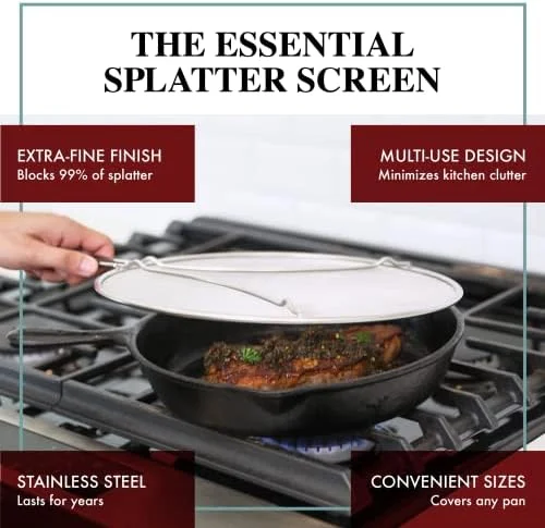 Splatter Screen for Frying Pan - 13 Inch Stainless Steel Grease Splatter Guard - Cover Oil Splash when Sizzling Bacon - Cooking Fried Chicken or