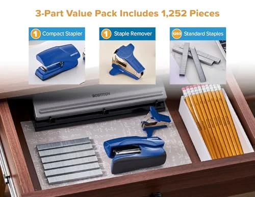 Bostitch Office Heavy Duty 40 Sheet Stapler with 1250 Staples & Claw Remover - Small Stapler Size, Fits into The Palm of Your Hand, Value Pack, Blue