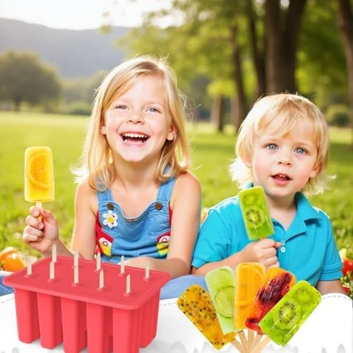 Miaowoof Homemade Popsicle Molds, 10-Cav Non-BPA Silicone Ice Pop Maker, with 50 Sticks, 50 Bags, 10 Reusable Sticks, Funnel, Brush and Ice Pop