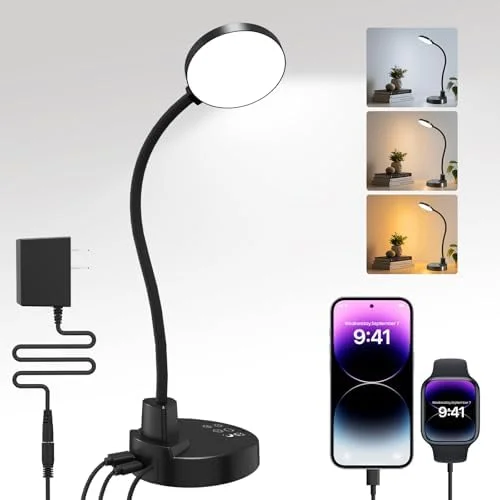 15W LED Desk Lamp with USB Charging Ports – Dimmable Table Lamp with 3 Color Temps - 5 Brightness, 4 Timers, Flexible Gooseneck Light with Base