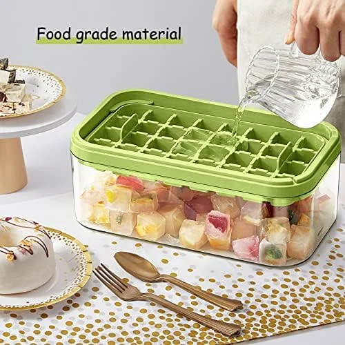 Ice Cube Tray with Lid and Bin, 2 Pack Ice Cube Trays for Freezer, 64 Pcs Ice Cube Mold, Press Button Easy Release Ice Tray, Small Ice Cubes Maker