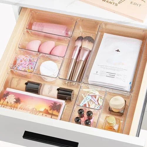 Vtopmart 44 PCS Clear Plastic Drawer Organizers Set, 4-Size Versatile Bathroom and Vanity Organizer Trays, Non-Slip Storage Containers for Makeup