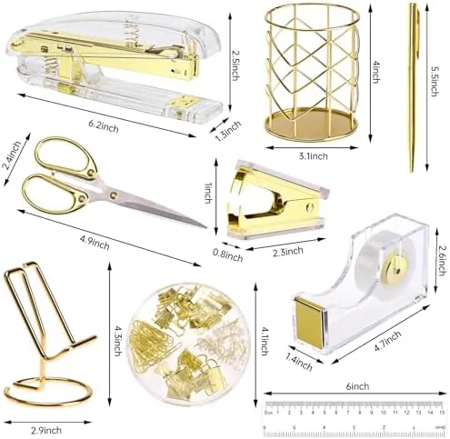 EOOUT Gold Office Supplies Set Desk Accessories, Acrylic Stapler Set Staple Remover, Phone Holder, Tape Holder, Pen Holder, 2 Ballpoint Pen, Scissor