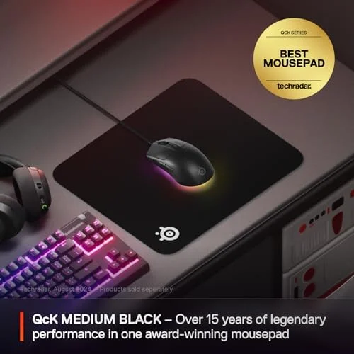 SteelSeries QcK Medium Gaming Mousepad — Black — Non-Slip Silicone Rubber Base — Peak Tracking and Stability — Optimized for Gaming Sensors — 320 mm
