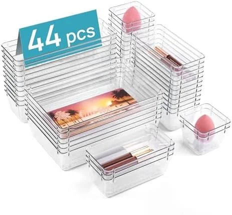 Vtopmart 44 PCS Clear Plastic Drawer Organizers Set, 4-Size Versatile Bathroom and Vanity Organizer Trays, Non-Slip Storage Containers for Makeup